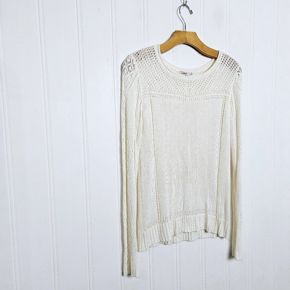Faherty Sweater XS 100% Bamboo Pointelle Open Knit Crochet Pullover Cream Ivory